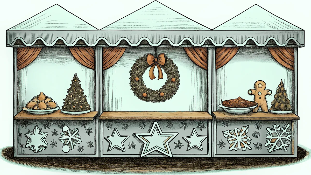Market vendor display decorated with wreath, baked treats, and roasted goose