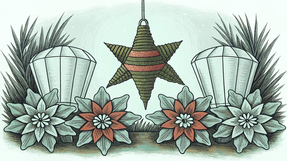 Festive piñata suspended above red poinsettias with paper lanterns glowing beneath