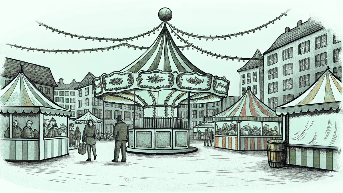 Crowded Christmas market with spinning carousel horse, vendor stalls, and holiday wreaths