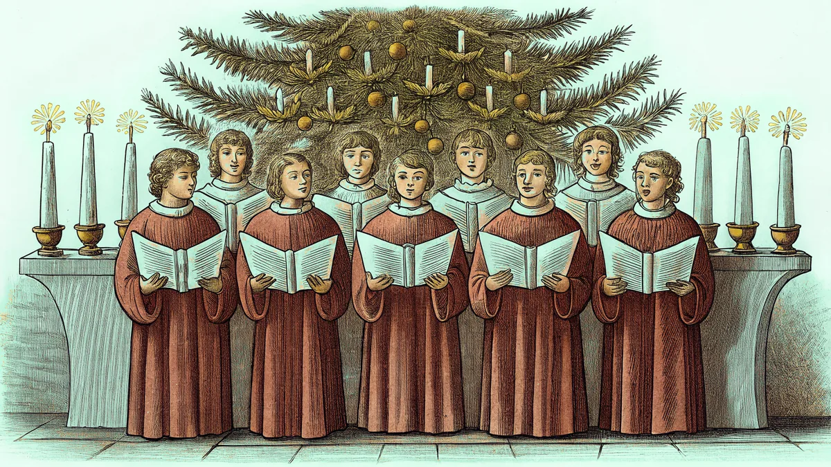 A festive choir singing in robes beneath twinkling holiday lights.