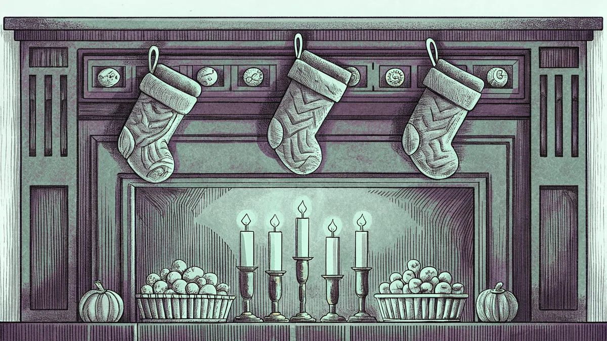 Festive stockings hung above fireplace hearth, bulging with sweets and small gifts