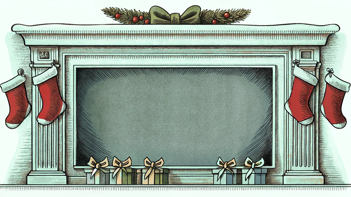 A fireplace mantel displays red stockings filled with candy and small wrapped gifts.