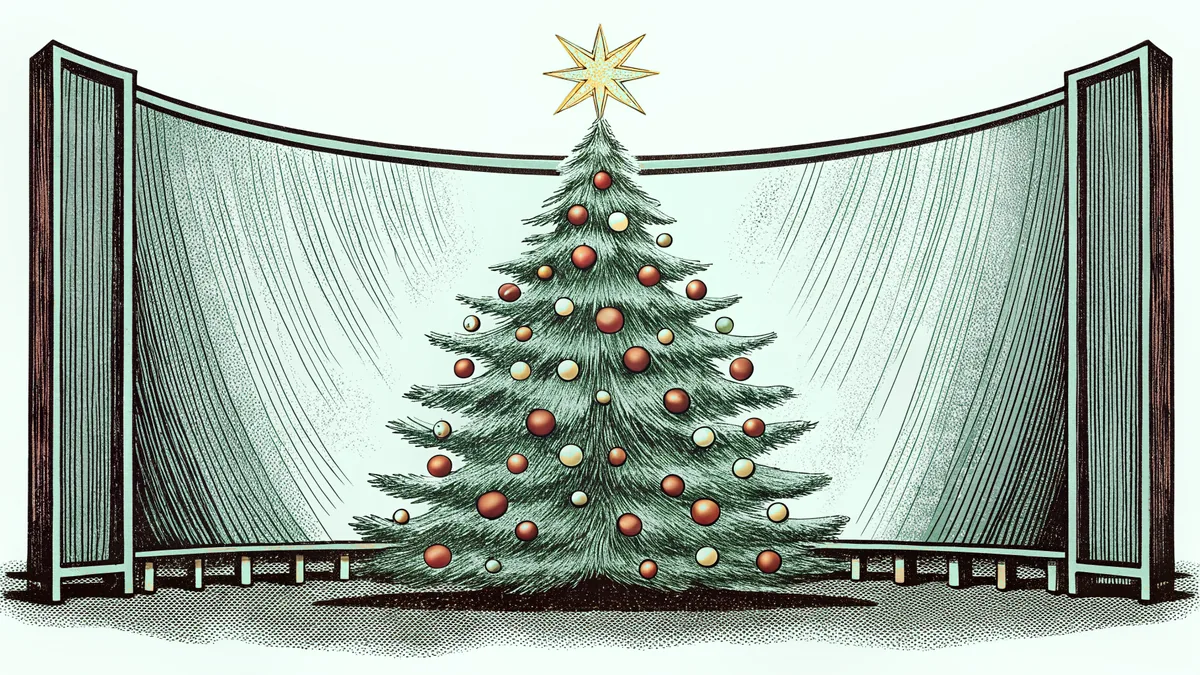A festive Christmas tree glowing with lights and adorned with colorful ornaments and a star.