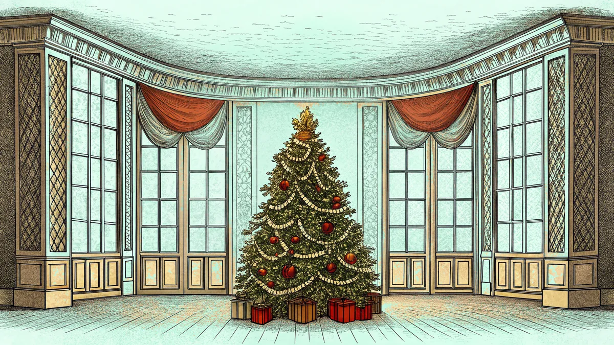 A Christmas tree adorned with lights and garlands stands next to stacked gift boxes with red bows.