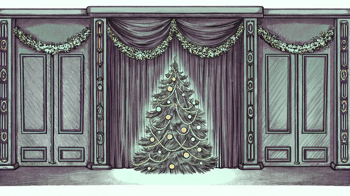 A Christmas tree glitters with ornaments, garland, and lights beneath an angel topper.