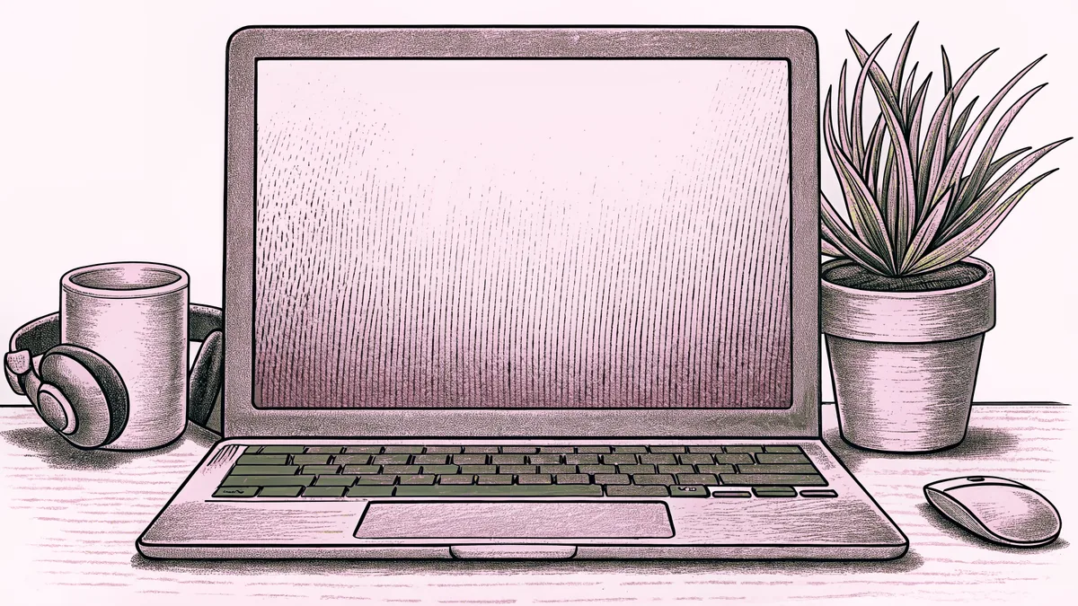 A laptop and coffee mug sit on a desk next to office headphones and a plant.