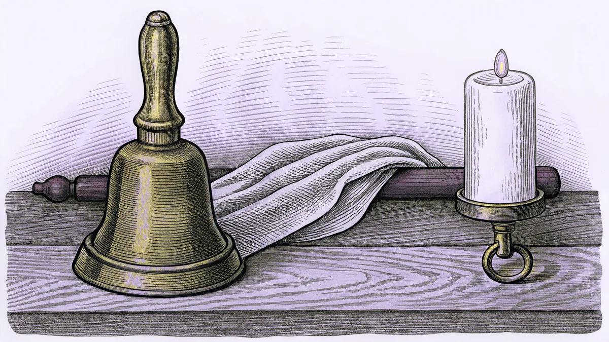 A brass hand bell beside a lit candle in a holder, with a cloth-draped rod between them.