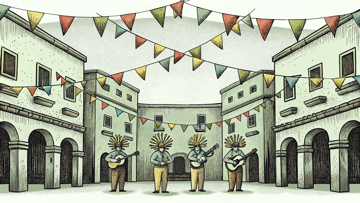 A festive street celebration with musicians, a piñata, and decorations.