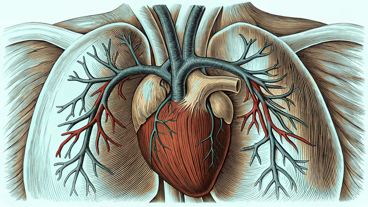A human heart with arterial and venous pathways flowing throughout the body.