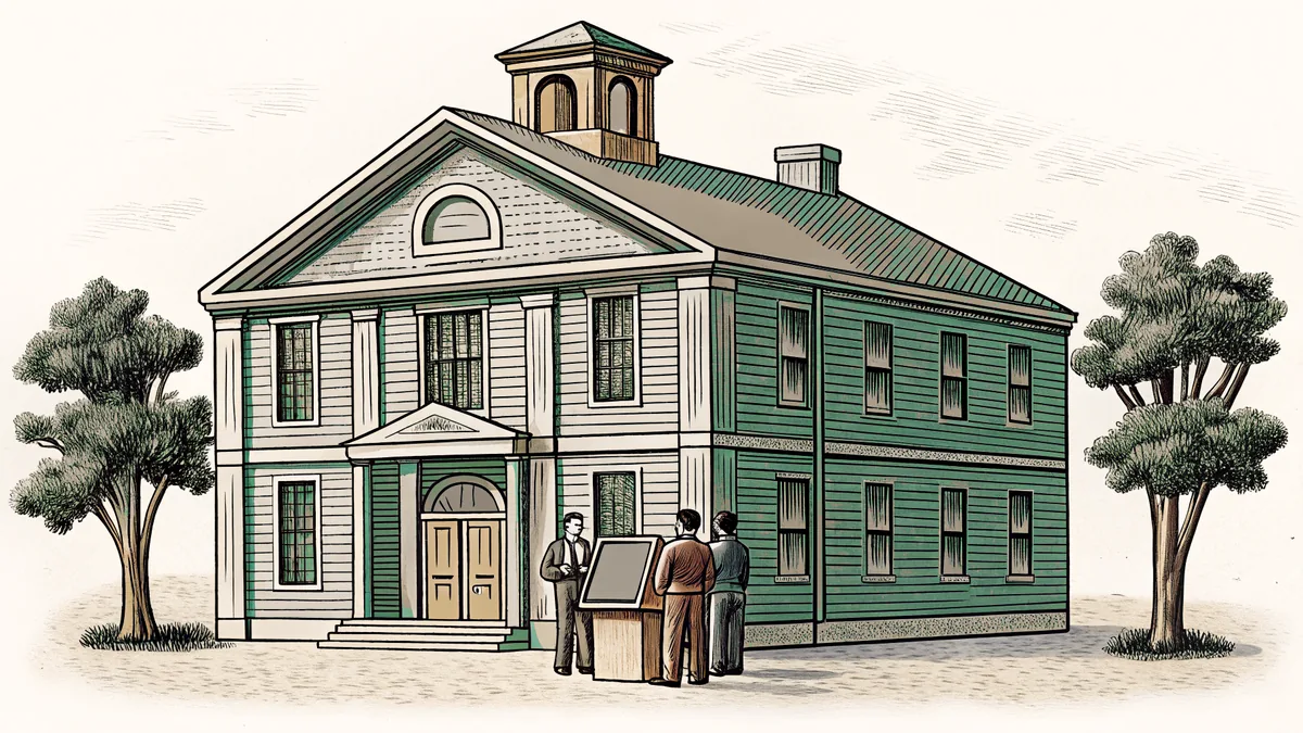 A town hall showing voting, council meetings, and civic participation.