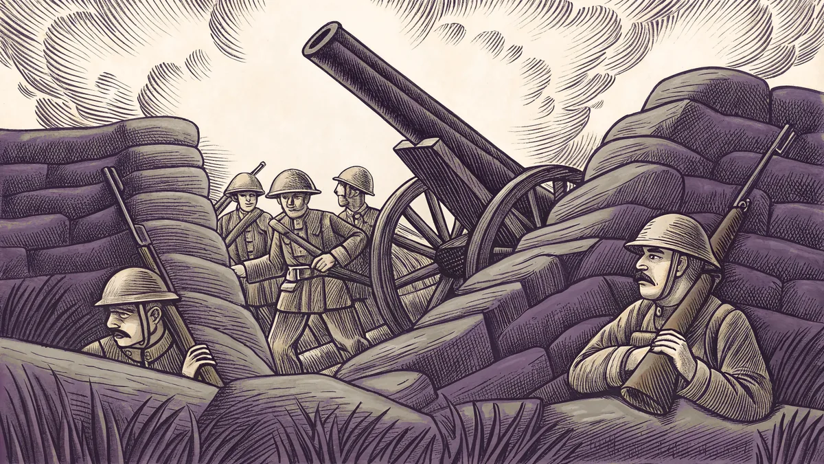 Civil War soldiers with rifles in trenches beside cannon on battlefield