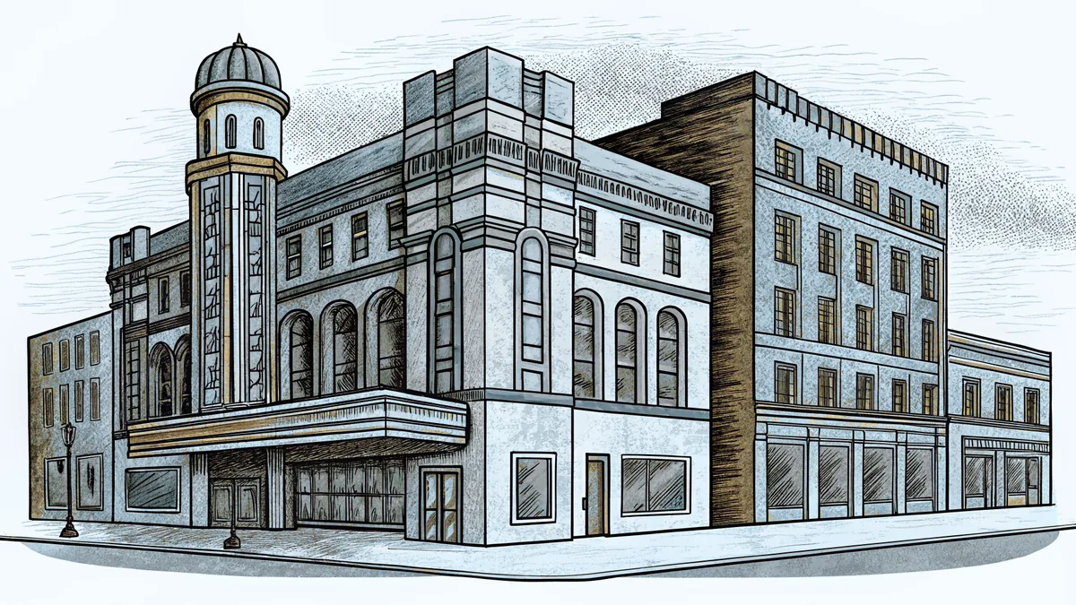 A vintage theater facade beside historic military fortifications.