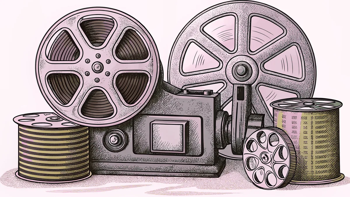 A hand-cranked film projector stands between stacked film reels and round metal canisters.