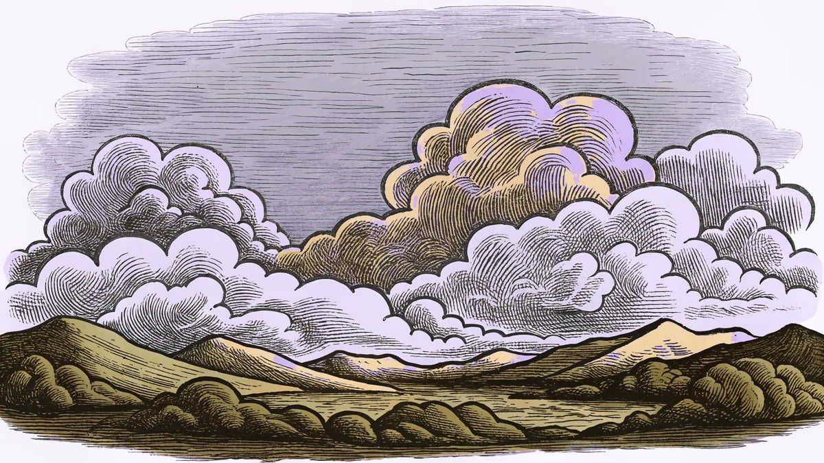 A dramatic sky with various cloud types and stormy weather formations.
