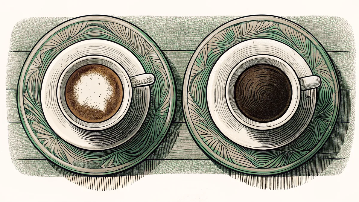 Hot cappuccino and espresso in cups at a coffee bar.