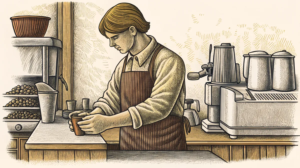 Preparing espresso with beans and grinder, a barista works at a coffee counter