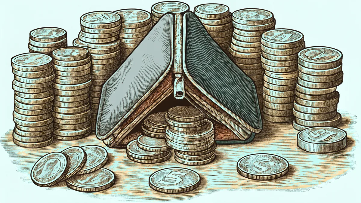 An open wallet surrounded by stacked coins: pennies, nickels, dimes, and quarters.