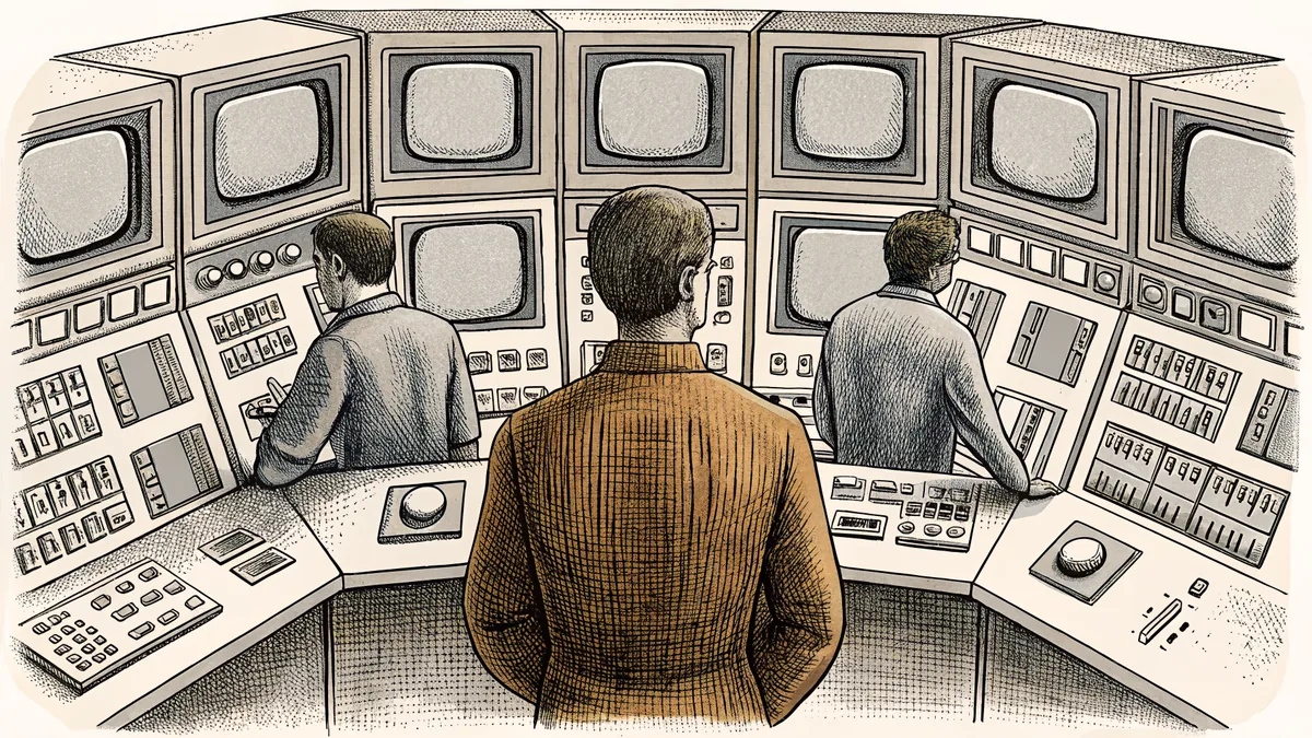 Technicians monitoring vintage computer screens in a space mission control room.