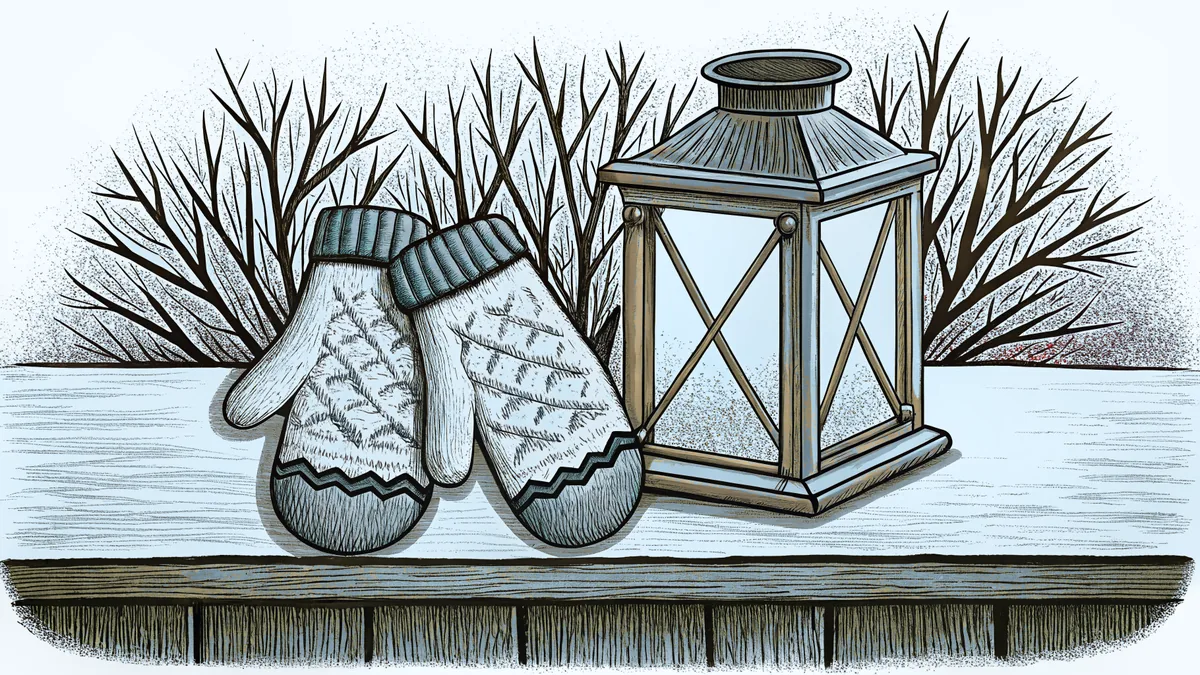 Wool mittens rest on a snowy railing beside a frosted lantern and bare branches.