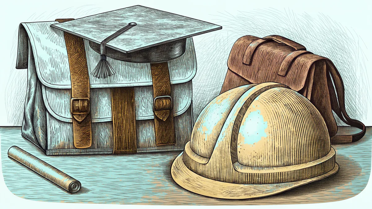 A graduation cap rests on a desk beside a packed backpack and a construction hard hat.