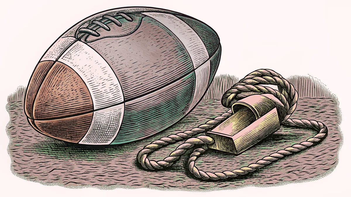 A worn leather football beside a brass whistle on a cord.