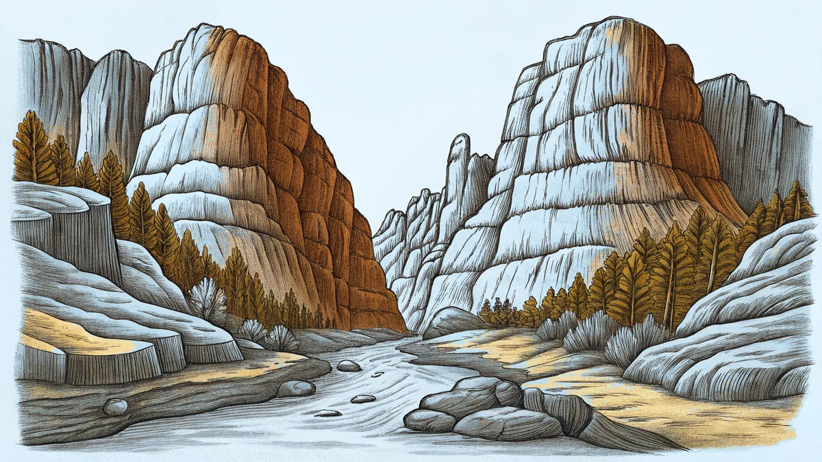 Red rock formations frame a dramatic waterfall with snow-capped mountains rising behind