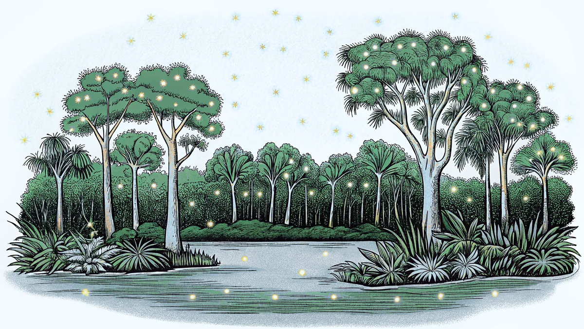 Fireflies dance above Lake Murray lined with graceful palmetto trees.