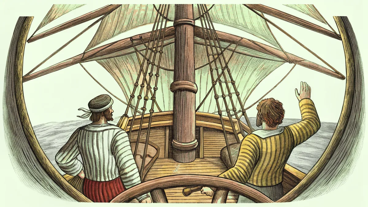 A wooden sailing vessel navigates the open sea toward distant shores.