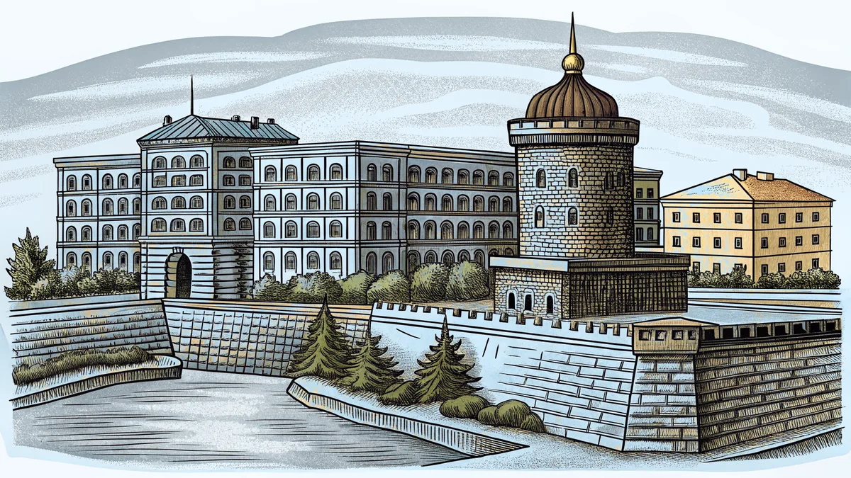 A fort overlooks a picturesque riverside park with a cascading fountain and historic theater