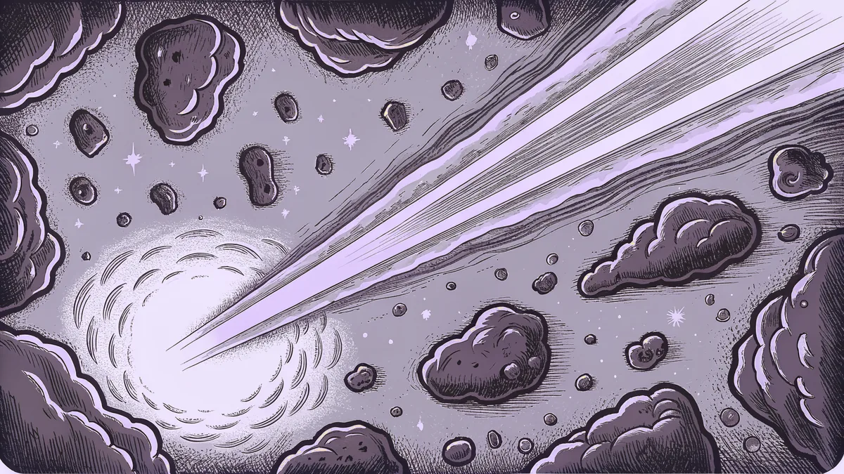 Bright comet with sweeping glowing tail passing near rocky asteroids against a starry backdrop.