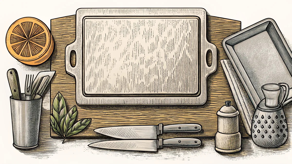 Professional cooking tools displayed on a kitchen counter.