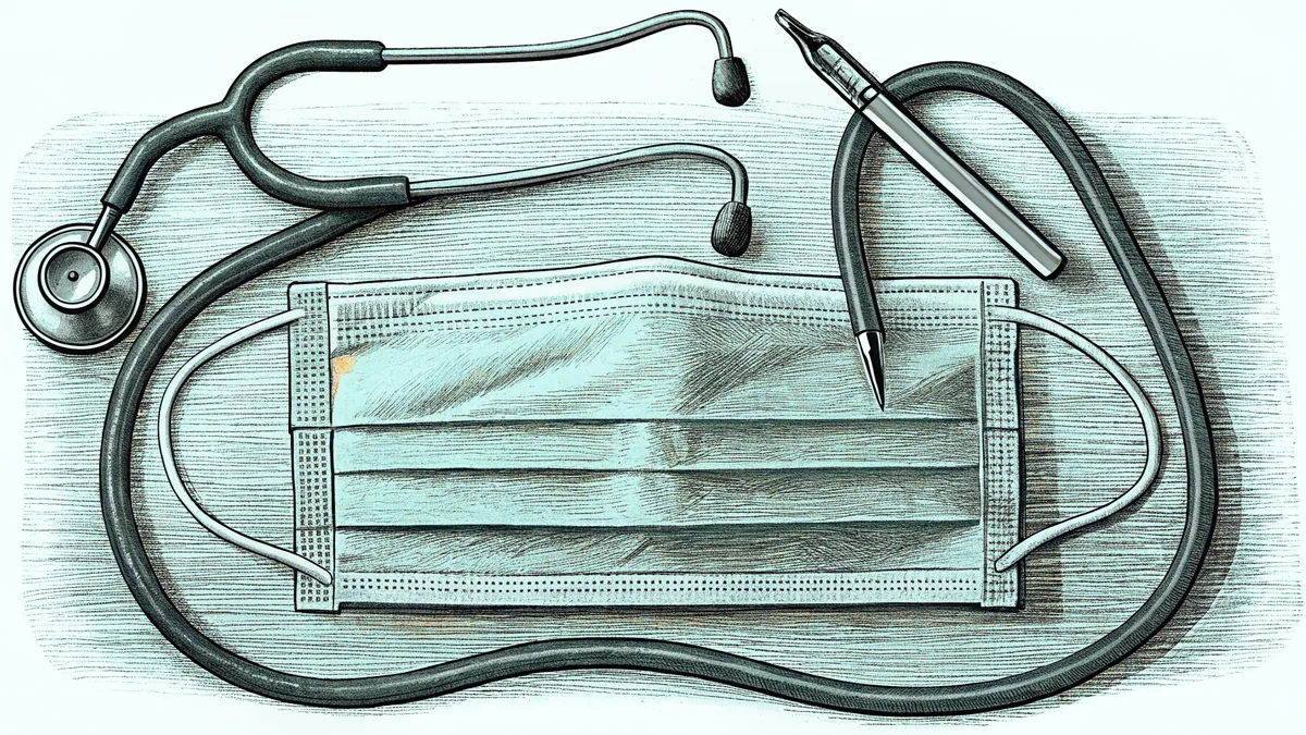Medical equipment and protective gear in a clinical setting.