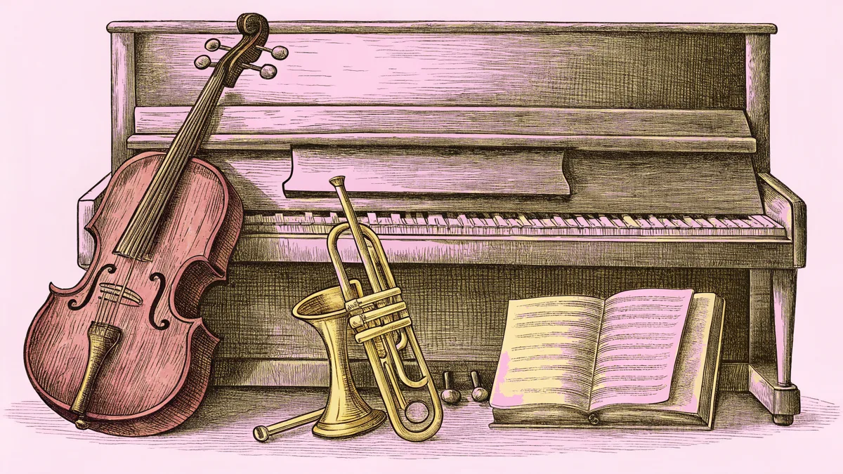 A cello, brass trumpet and wooden flute leaning against a piano stool.