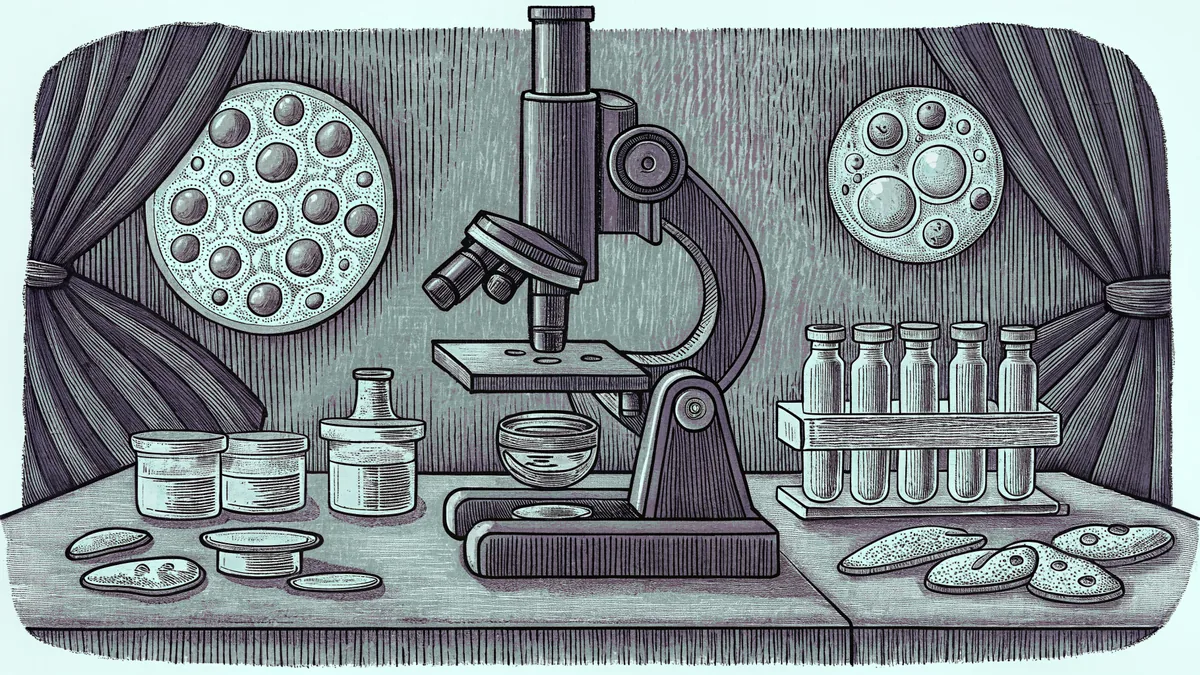 Medical laboratory setup with microscope, blood samples, and research equipment.