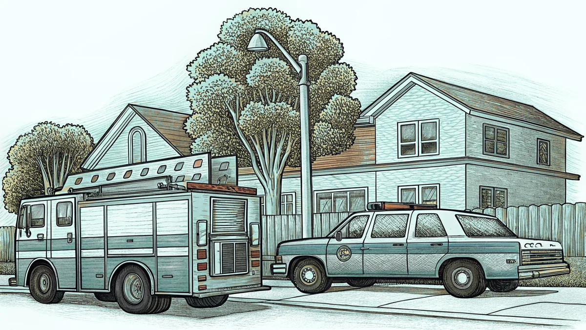 Emergency vehicles and service equipment on a street