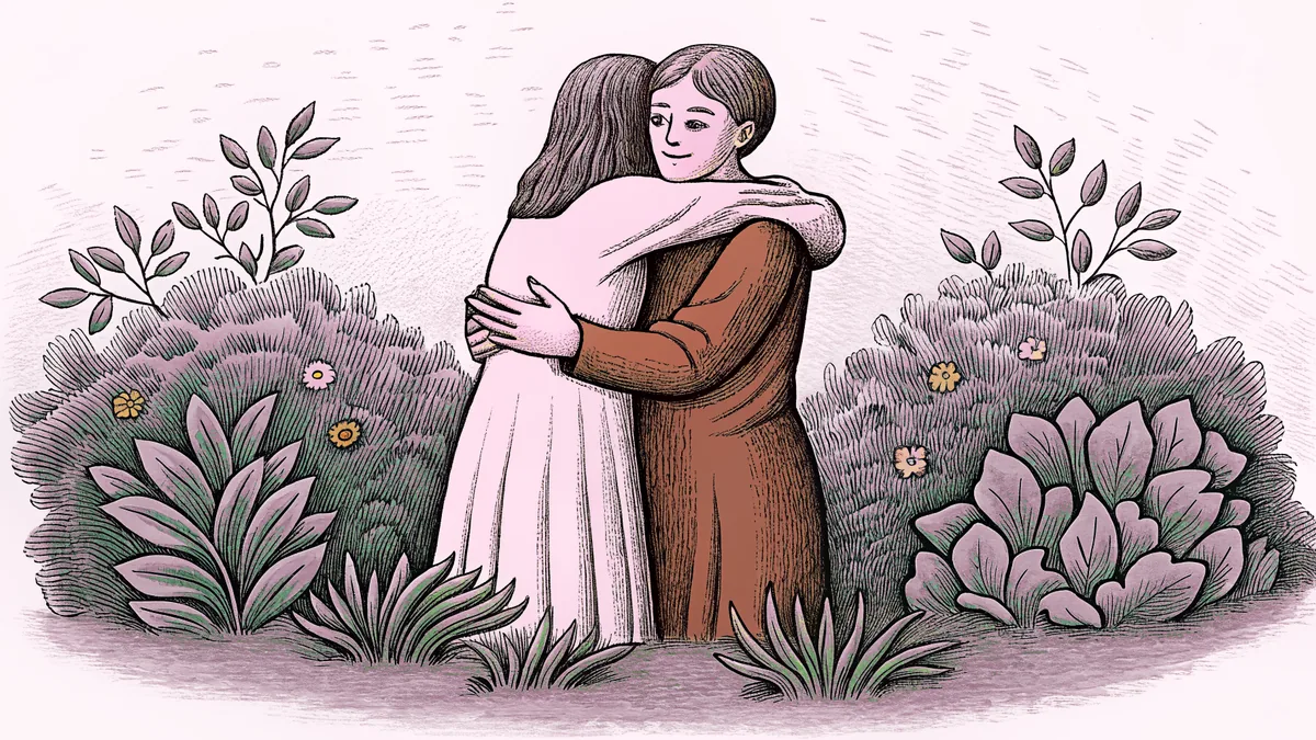 Two figures embracing with care and warmth, showing compassion and comfort between them