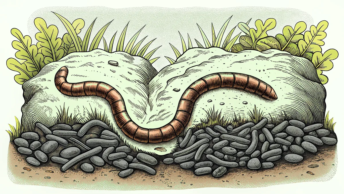 Earthworms burrowing through layers of dark compost and decomposed leaves.
