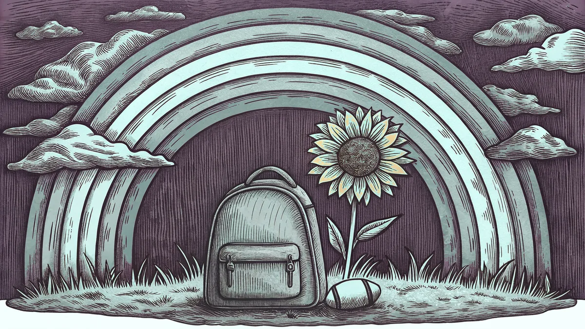 A backpack and a football rest beside a tall sunflower under a bright rainbow.
