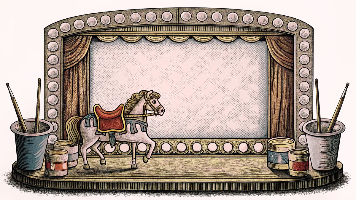 A carousel horse and artist's palette rest near a blank theatre marquee.