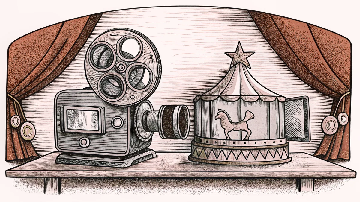 A film projector lens and music box with carousel horse figure arranged on a display shelf.