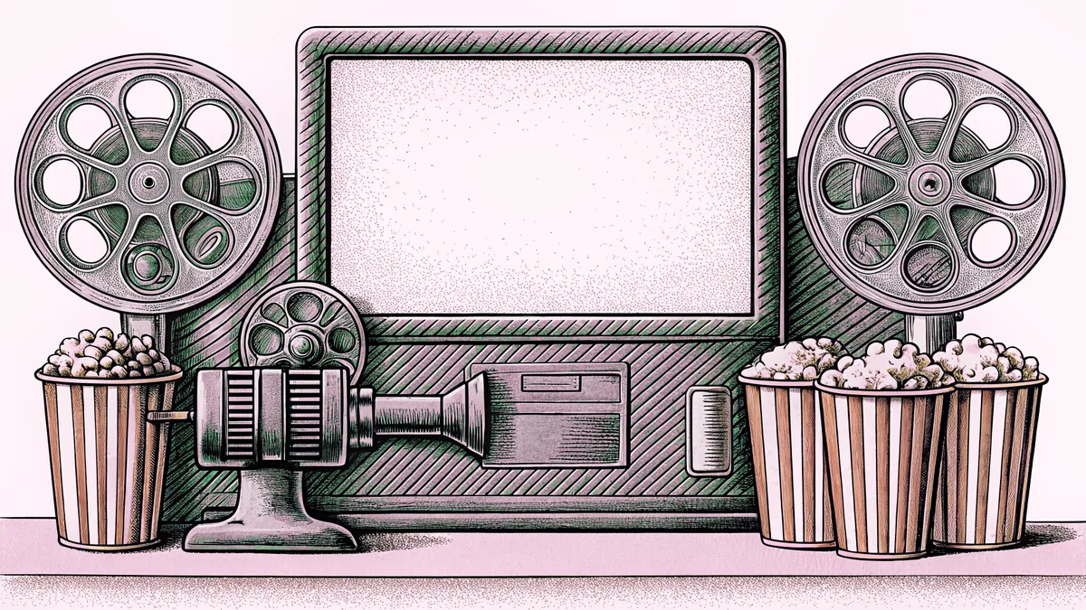 A film projector stands beside stacked reels and a striped popcorn machine on a vintage cinema counter.