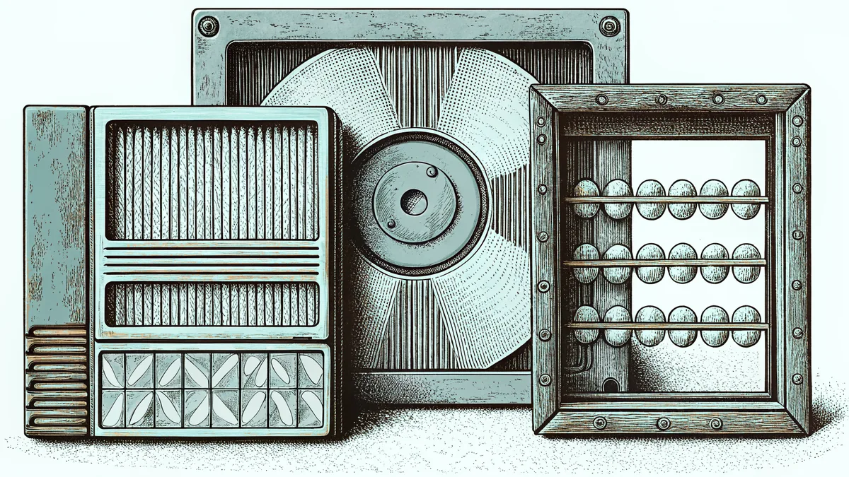 Vintage computer hardware spanning eras: floppy disk, punch card, vacuum tube.