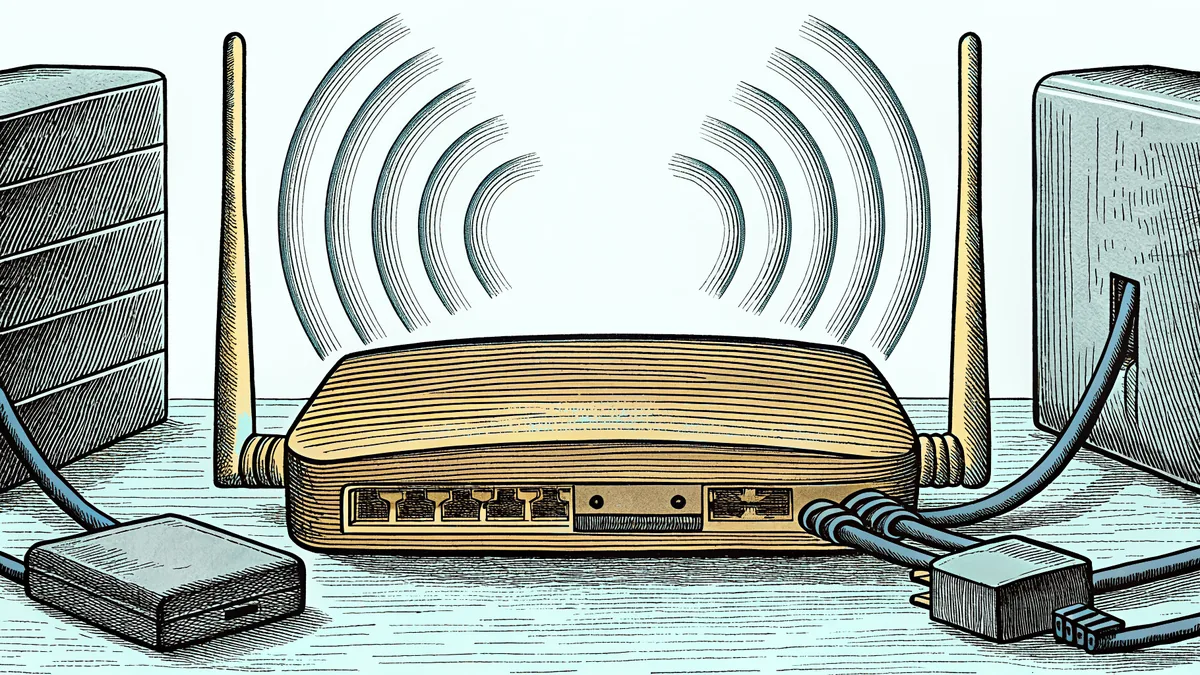 Computer networking equipment with a router, cables, and wireless signal waves.