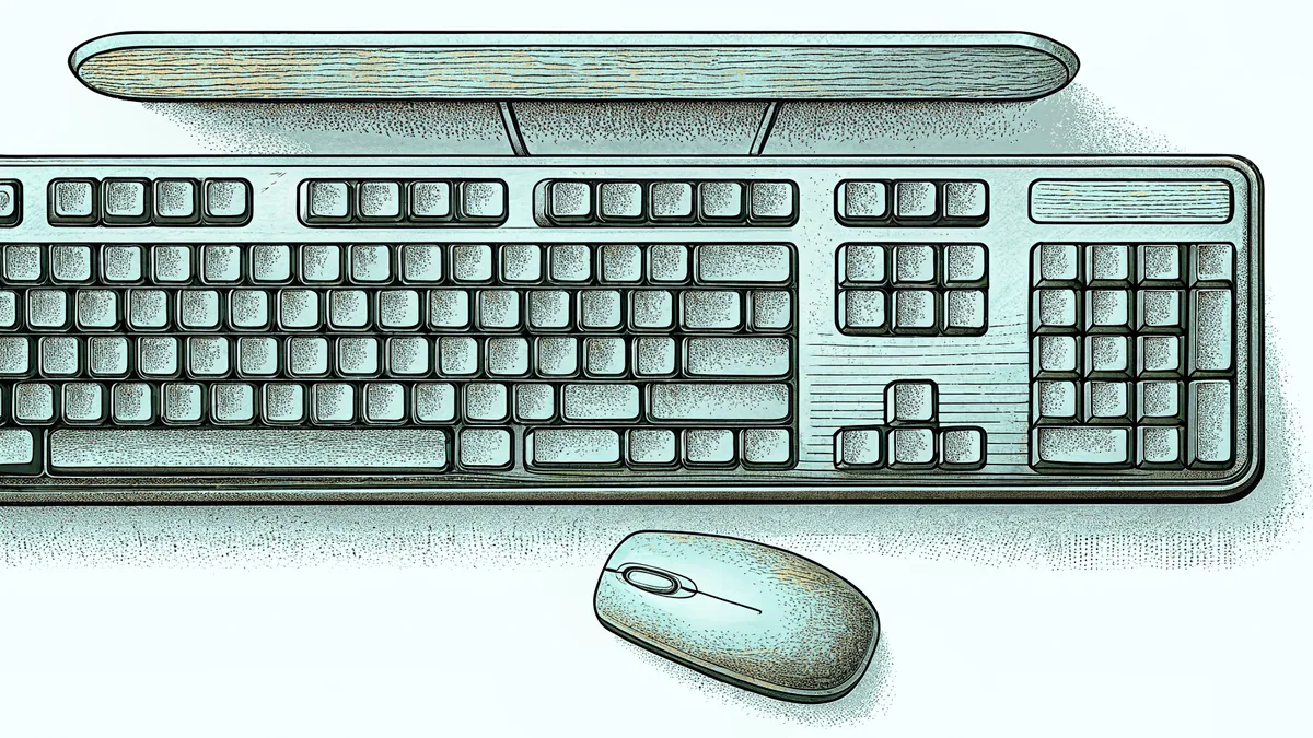 Computer hardware components arranged together—keyboard, mouse, monitor, cooling fan.