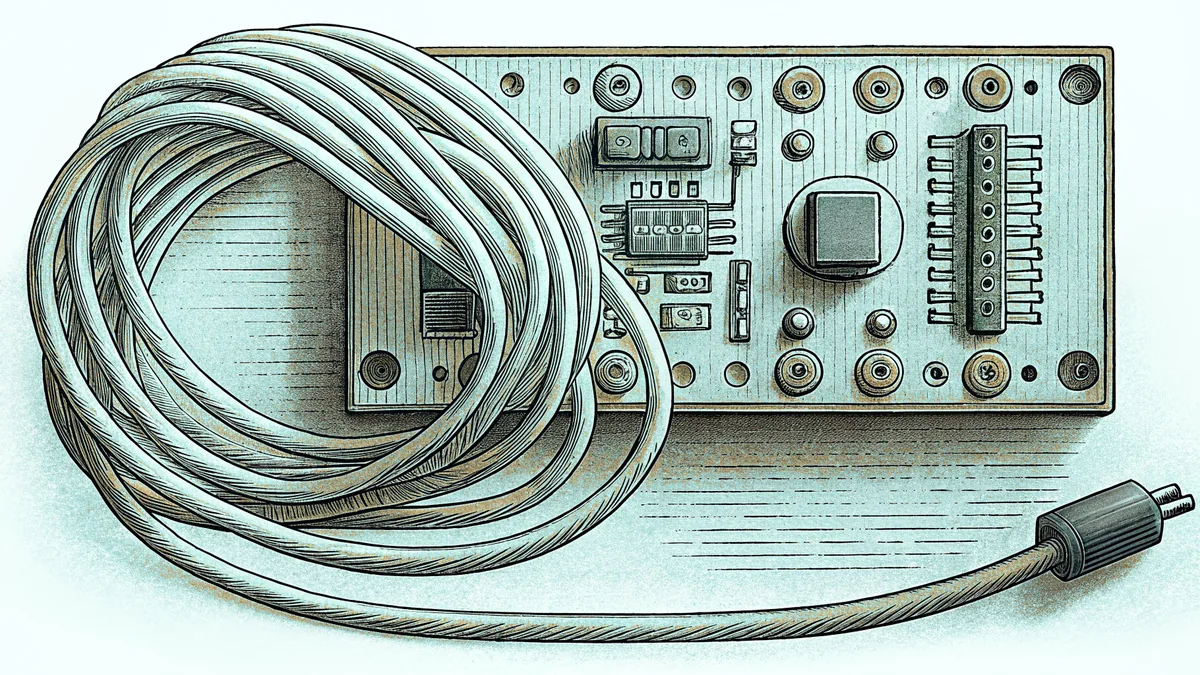 A green circuit board traced in copper, with a coiled cable and one small blinking light.