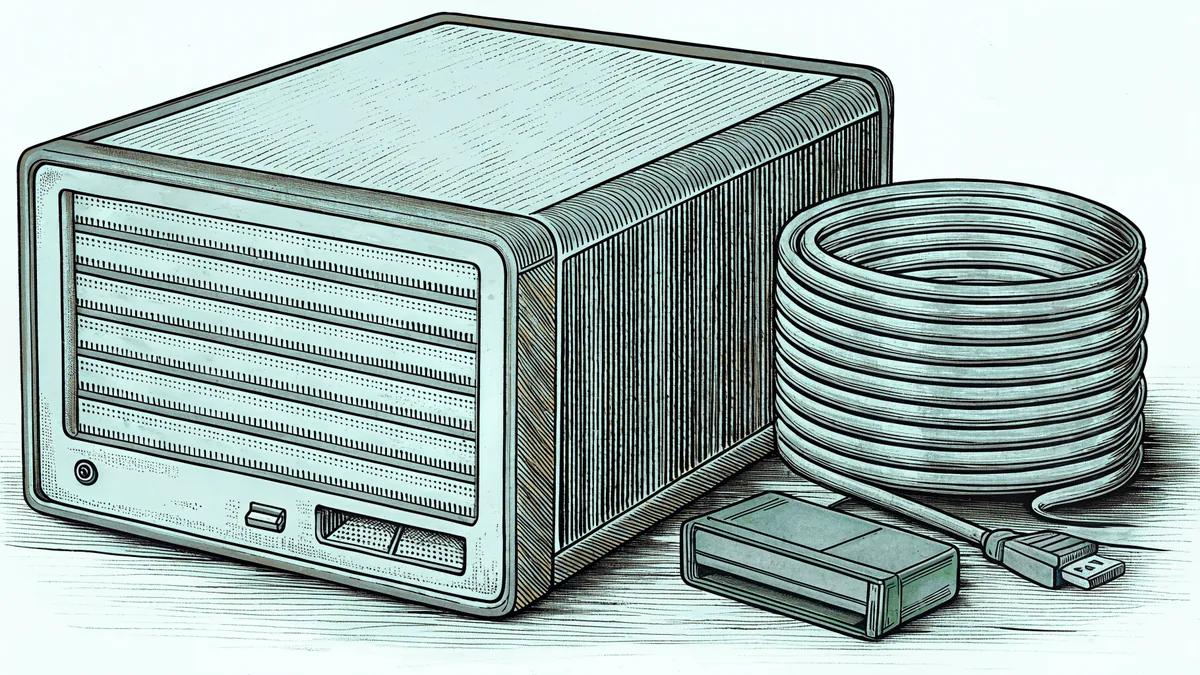 A vintage desktop computer with floppy disks and a coiled cable on a desk.