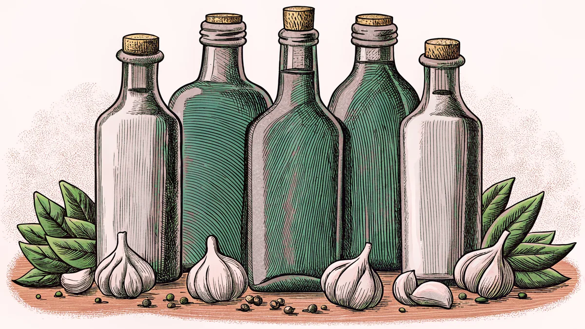 Cooking ingredients with garlic, oil bottles, and dried herbs on a wooden surface