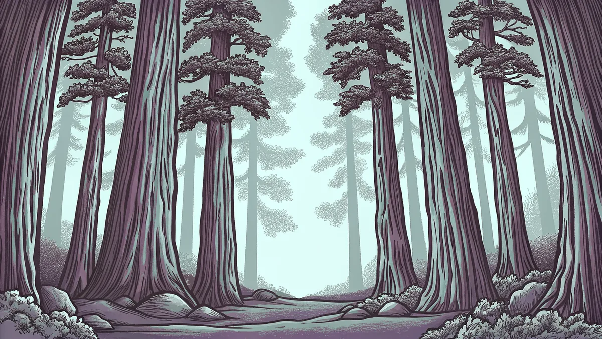 Tall evergreen pine and spruce trees create a dense, misty forest landscape.