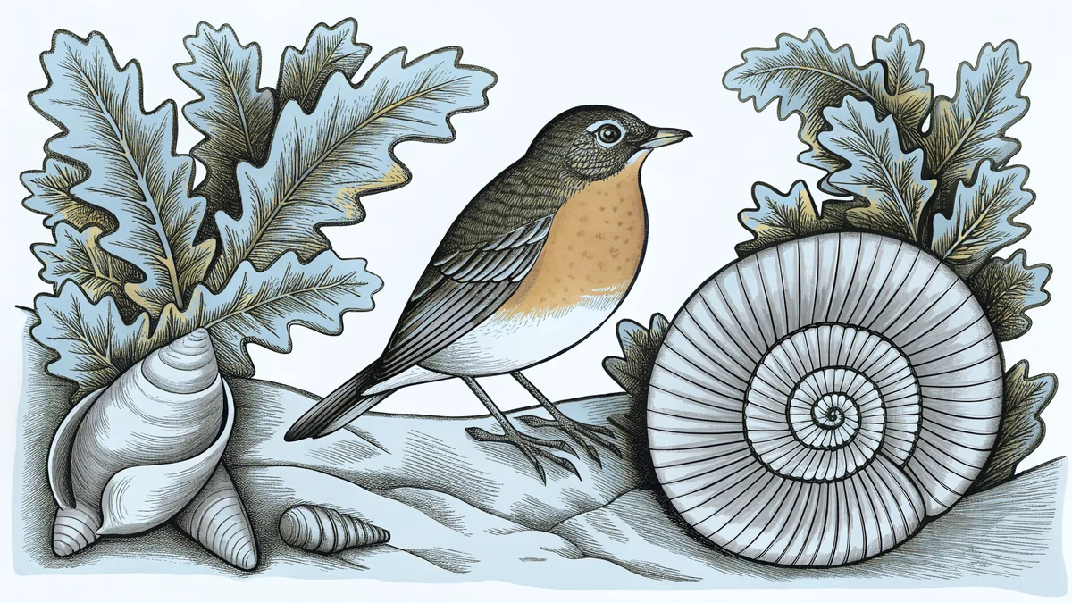 A robin on white oak branches with a nautilus shell and helicopter overhead.