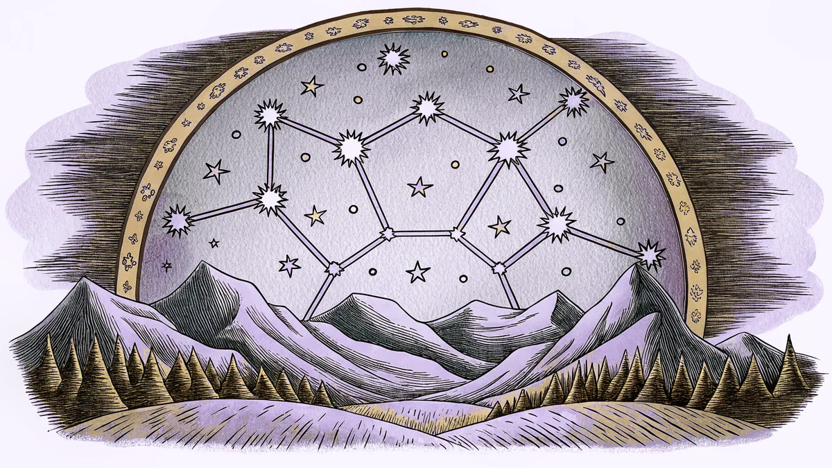 A starry night sky with constellation patterns mapped in white lines.